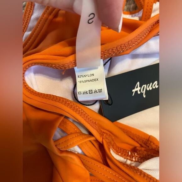 NWT Aqua Eve Small (4-6) orange one piece sexy cutout Deep plunge halter tie NEW - Picture 8 of 10